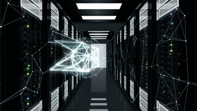 Hologram-Sphere-Moving-in-Working-Network-Creating-New-Links-and-Connections.-Looped-3d-Animation-of-Server-Racks.-Business-and-Futuristic-Technology-Concept.