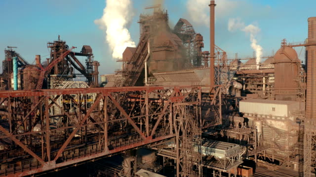 Aerial-view.-Blast-furnace-construction.-Metallurgical-Plant,-Cargo-crane