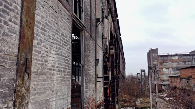 Former-plant-building-with-damaged-brick-walls-and-metal-structures-covered-with-moss-on-the-roof-and-overgrowths-inside-and-outside.