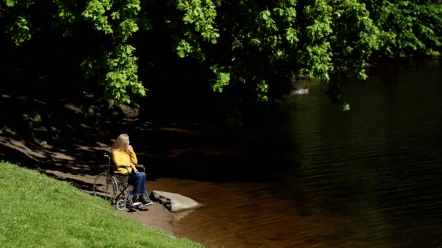 Seniorin-im-Rollstuhl-mit-Blick-auf-den-See-im-grünen-Park-an-windigen-Sommertag.-Behinderte-reife-Weibchen-denken-am-Seeufer