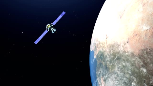 Satellite-flying-over-the-earth-in-space,-4K-resolution-video