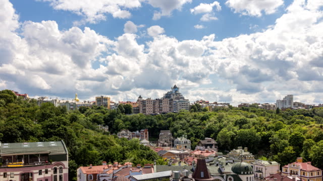 Vozdvyzhenka-district-the-central-part-of-Kyiv-city,-Ukraine,-view-from-above.-4k-time-lapse