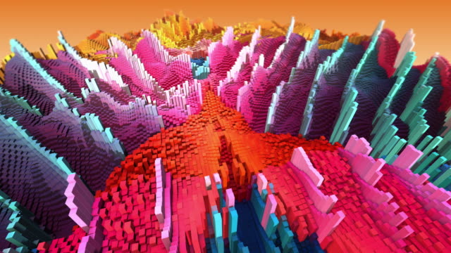 3D-Komplexe-Stadtanimation-mit-beweglichen-bunten-Würfeln