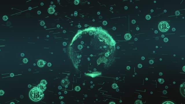 Kryptowährung-Earth-Globe-mit-Bitcoin---Hintergrund-Animationsschleife---Stockvideo