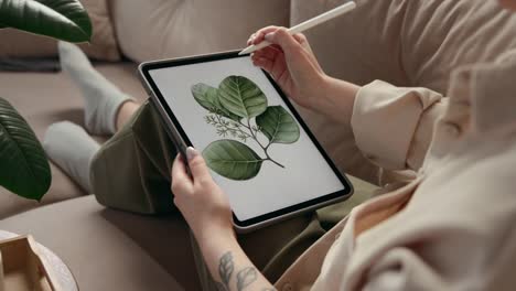 Artista-dibujo-plantas-en-home-habitación-o-mujer-usando-la-tableta-y-la-pluma-para-el-arte-digital