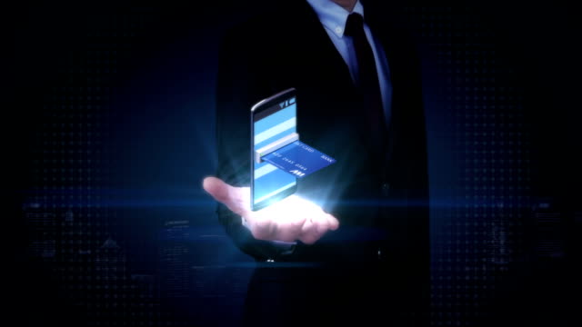 Geschäftsmann-open-Palm,-Kreditkarte-einfügen-Smartphone,-Online-payments.mobile-Kauf.