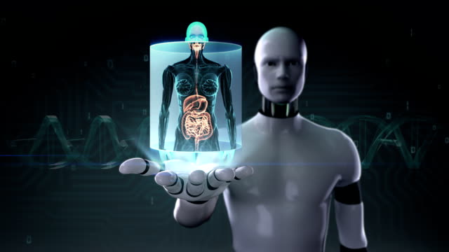Roboter-öffnen-Palm,-menschliche-Körper,-die-inneren-Organe,-Verdauungssystem-scannen.