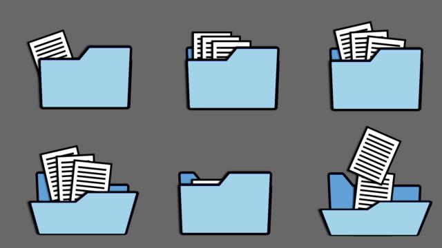 Different-animation-of-folder-icons-and-printed-pages,-loop-and-alpha-channel