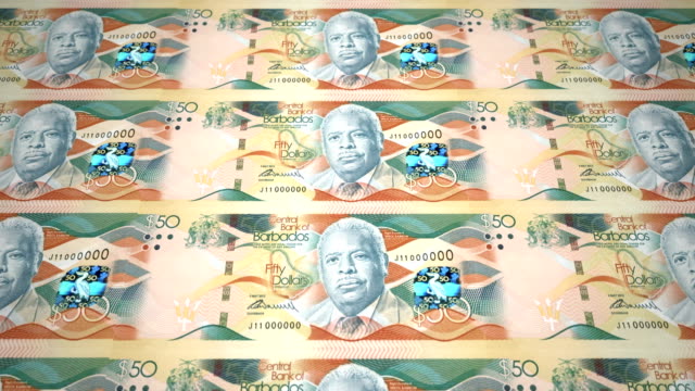 Banknotes-of-fifty-dollars-of-the-bank-of-Barbados-Island-rolling-on-screen,-coins-of-the-world,-cash-money,-loop