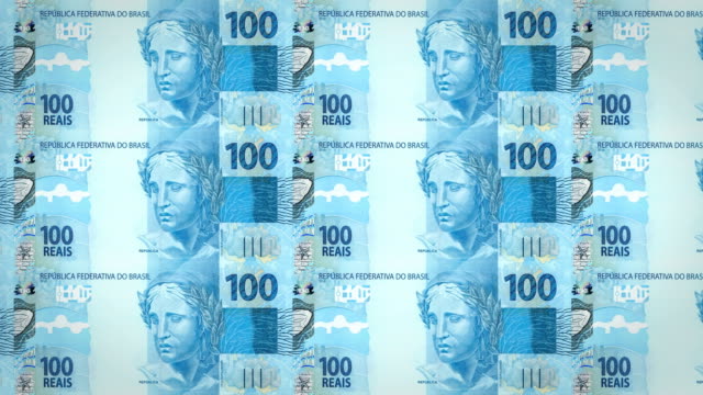 Banknoten-der-hundert-brasilianische-Reals-Rollen-auf-dem-Bildschirm,-Bargeld,-Schleife