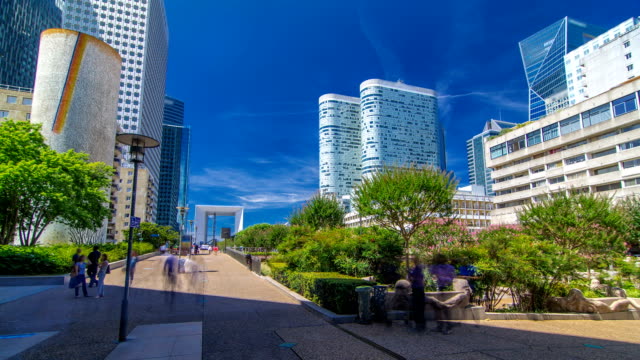 Skyscrapers-of-La-Defense-timelapse-hyperlapse---Modern-business-and-residential-area-in-the-near-suburbs-of-Paris,-France