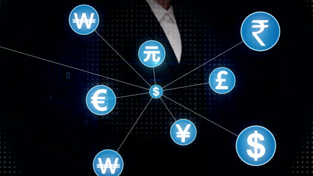 Businesswoman-touching-Various-currency-symbol,-Numerous-dots-gather-to-create-a-Pound-currency-sign,-dots-makes-global-world-map,-internet-of-things.-financial-technology