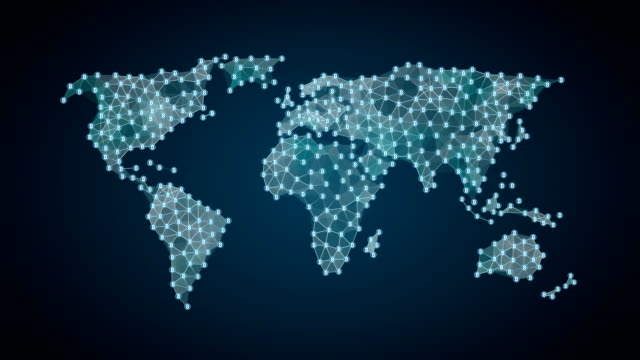 Bitcoin-Zeichen-macht-globale-Weltkarte,-Internet-der-Dinge.-Finanztechnologie.