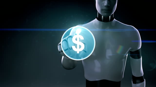Robot,-cyborg-touching-dollar,-currency-sign-makes-global-world-map,-internet-of-things.-financial-technology.2.