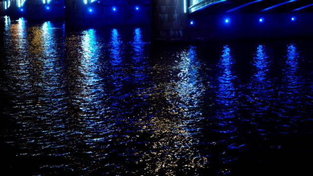 Beautiful-Historic-bridge-across-the-river-in-a-European-city-at-night-tilt-up.