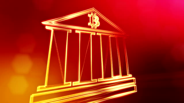 Sign-of-bitcoin-logo-inside-the-bank-building.-Financial-background-made-of-glow-particles-as-vitrtual-hologram.-Shiny-3D-loop-animation-with-depth-of-field,-bokeh-and-copy-space..-Red-background-v1..
