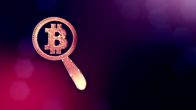 Sign-of-bitcoin-under-a-magnifying-glass.-Financial-background-made-of-glow-particles-as-vitrtual-hologram.-Shiny-3D-loop-animation-with-depth-of-field,-bokeh-and-copy-space.-Violet-color-v2