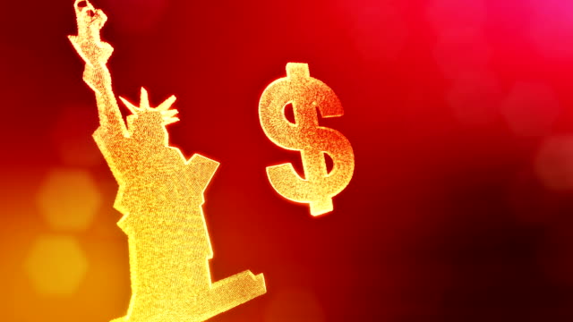 Dollarzeichen-und-Emblem-der-The-Statue-of-Liberty.-Hintergrund-der-leuchtende-Partikel-zu-finanzieren.-3D-Schleife-Animation-mit-Tiefe-Feld,-Bokeh-und-Kopie-Platz-für-Ihren-Text.-Rote-Farbe-v2