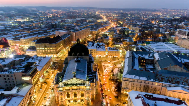 Aerial-Old-City-Lviv,-Central-part-of-old-city.-European-City.-Lviv-Opera.-Ukraine.