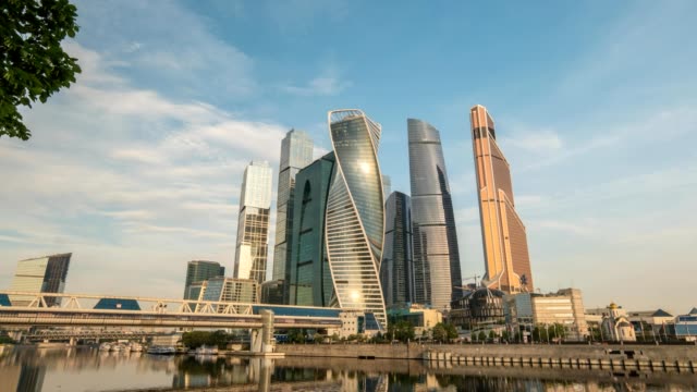 Moscow-city-skyline-motion-timelapse-or-hyperlapse-at-business-center-district-and-Moscow-River,-Moscow-Russia-4K-Time-Lapse