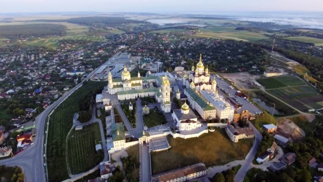 Aerial-view-of-Holy-Dormition-Pochayiv-Lavra,-an-Orthodox-monastery-in-Ternopil-Oblast-of-Ukraine.-Eastern-Europe