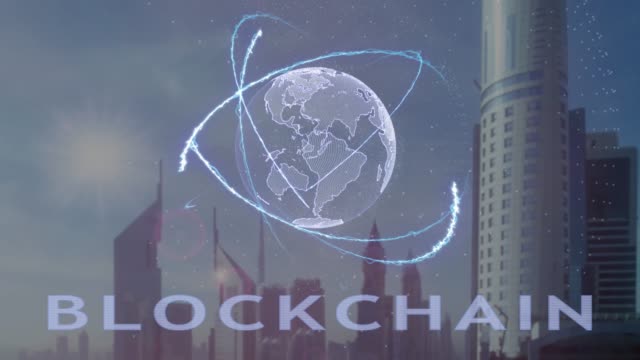 Blockchain-Text-mit-3d-Hologramm-des-Planeten-Erde-vor-dem-Hintergrund-der-modernen-Metropole