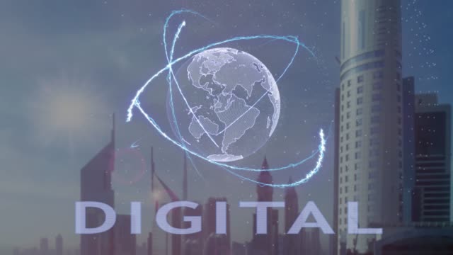 Digitaler-Videotext-mit-3d-Hologramm-des-Planeten-Erde-vor-dem-Hintergrund-der-modernen-Metropole