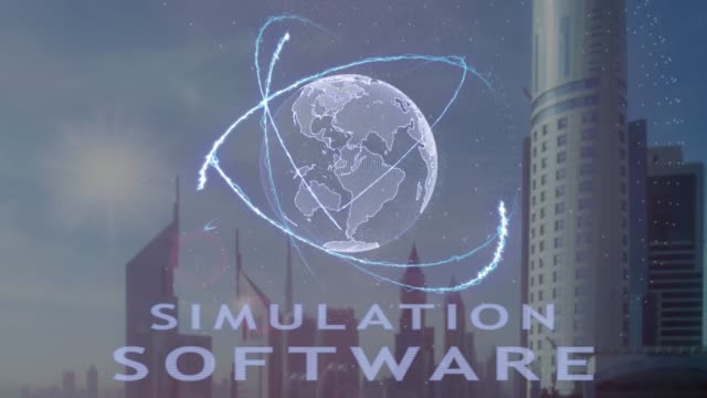 Simulation-software-text-with-3d-hologram-of-the-planet-Earth-against-the-backdrop-of-the-modern-metropolis