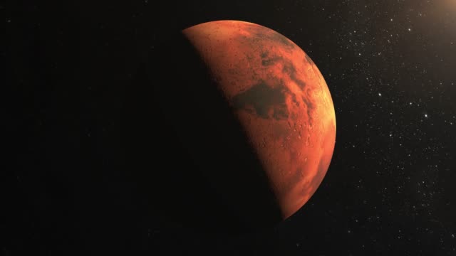 Mars.-The-camera-is-approaching-Planet.-View-from-space.-Stars-twinkle.-4K.-The-sun-shines-from-the-top-right.-The-Mars-is-illuminated-by-the-sun-to-half.