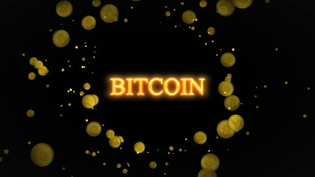 Bitcoin-con-bitcoins-volando-en-la-cámara-sobre-un-fondo-negro-con-una-profundidad-de-campo.-4K