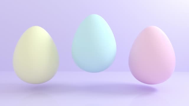 3D-abstrakte-Pastell-Ostereier-fliegen-auf-farbigem-Hintergrund.-Set-von-verschiedenen-Farben-4k-Animation-nahtlose-Schleife.