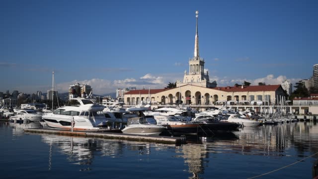 Seaport-and-the-Black-Sea-during-warm-spring-in-Sochi-in-Russia