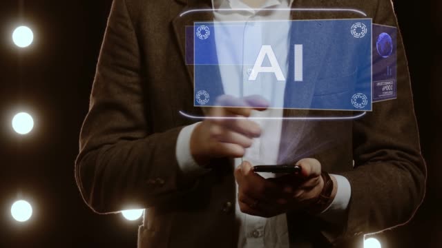 Empresario-muestra-holograma-con-texto-AI