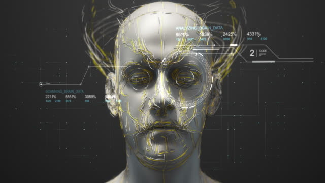 Futuristic-Robot-Head-With-Cables-Around-His-Head-Slowly-Moving-Forward