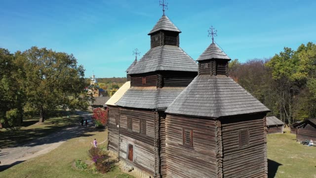 Aerial-view.-Wooden-orthodox-church.-Drone