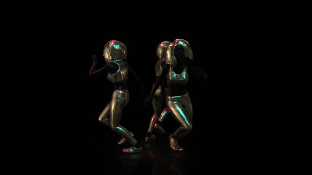 Mädchen-Tanzgruppe-tritt-in-goldenen-futuristischen-Kostümen-auf