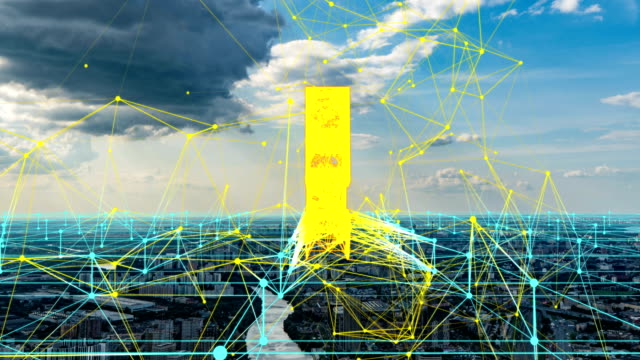 Stadt-Hyperlapse-Luftstadt-durch-5G-verbunden.-Cloud-Computing-Icons-Technologiekonzept,-Drahtloses-Netzwerk,-mobile-Technologie-und-Datenkommunikation,-künstliche-Intelligenz,-Internet,-4K