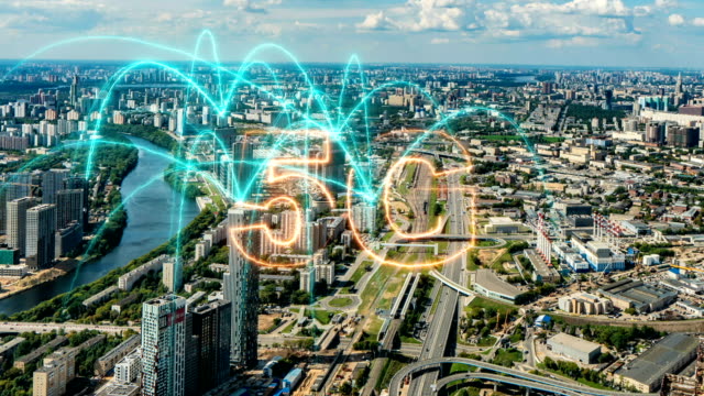 Aerial-city-connected-through-5G.-Wireless-network,-mobile-technology-concept,-data-communication,-cloud-computer,-artificial-intelligence,-internet-of-things.-Time-lapse-Moskau