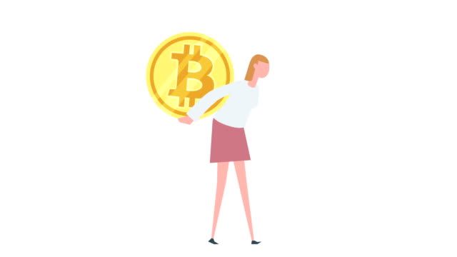 Flat-cartoon-colorful-woman-character-animation.-Girl-walk-up-on-the-ladder-with-bitcoin-coin-on-his-back-situation