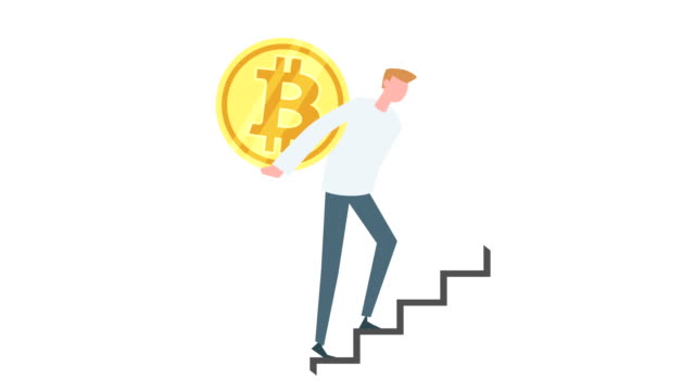 Flat-cartoon-colorful-man-character-animation.-Male-walk-up-on-the-ladder-with-bitcoin-coin-on-his-back-situation