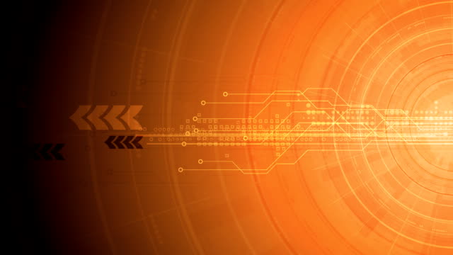 Bright-orange-gear,-circuit-board-and-arrows-tech-video-animation
