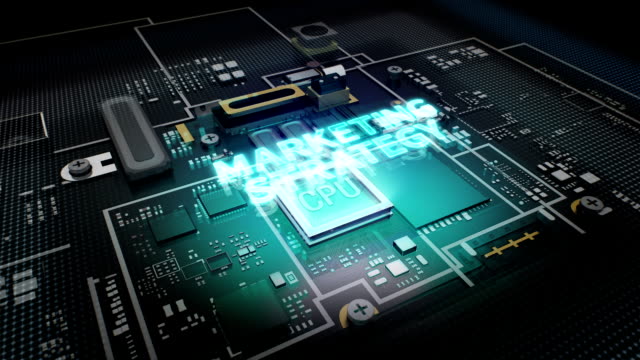 Hologram-typo-'Marketing-Strategy'-on-CPU-chip-circuit,-artificial-intelligence.
