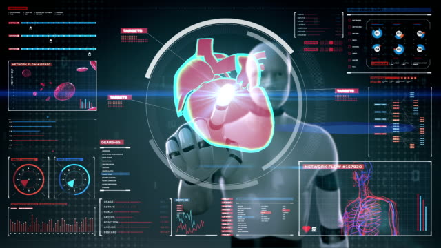 Roboter,-Digitalanzeige,-Scannen-von-Herzen-zu-berühren.-Menschliches-Herz-Kreislauf-System.