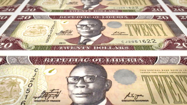 Banknotes-of-twenty-dollars-of-the-bank-of-Liberia-rolling-on-screen,-coins-of-the-world,-cash-money,-loop