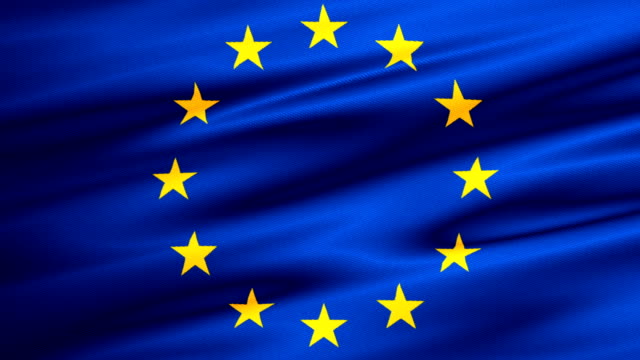 EU-Flagge,-die-Euro-Flagge,-die-Flagge-der-Europäischen-Union-zu-winken,-gelbe-Sterne-auf-blauem