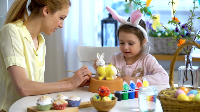 Frohe-Ostern!-Mutter-und-Tochter-mit-Hasenohren-malen-Osterhase