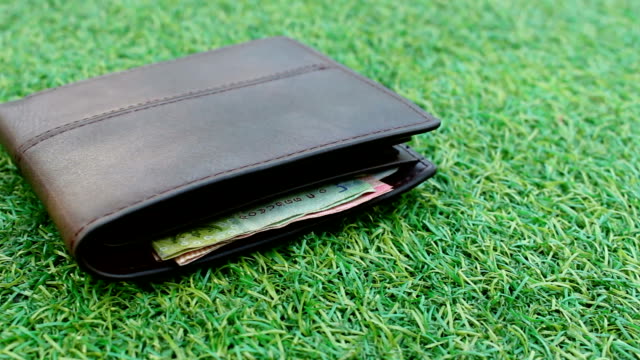 wallets-on-grass,-dolly-shot