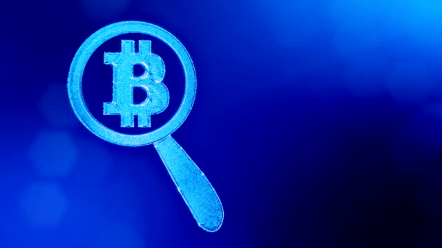 Sign-of-bitcoin-under-a-magnifying-glass.-Financial-background-made-of-glow-particles-as-vitrtual-hologram.-Shiny-3D-loop-animation-with-depth-of-field,-bokeh-and-copy-space.-Blue-background-1
