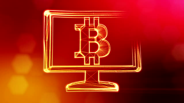 Bitcoin-insignia-dentro-del-monitor.-Fondo-financiero-hecho-de-partículas-de-brillo-como-holograma-vitrtual.-Animación-loop-3D-brillante-con-la-profundidad-de-campo,-bokeh-y-copia.-Fondo-rojo-v1.