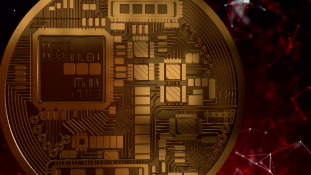 Bitcoin-rota-sobre-un-fondo-rojo-digital,-bucle-de-animación-en-3d.